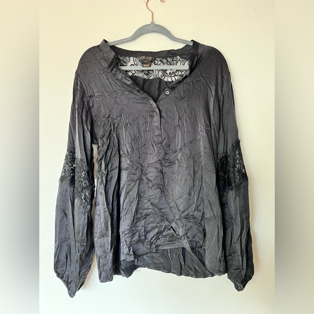 As By Df Black Lace Silk Button Down Long Sleeve … - image 1
